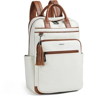 Shrrie Rucksäcke Damen, 15,6 Zoll Laptop Rucksäcke Leder Wasserdicht mit laptopfach, Computer-Rucksäcke für Arbeit Business Uni Reise Büro-Beige