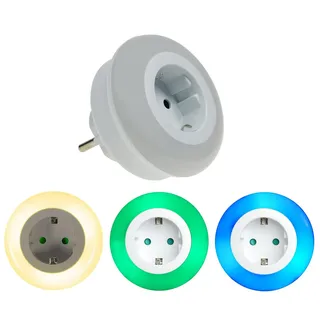 Trango 1er Set 11-053 LED Nachtlicht mit Steckdose Orientierungslicht, Nachtlampe incl. Helligkeits- Dämmerungssensor & Touchschalter für drei LED Farbeinstellung warmweiß-blau-Grün Sicherheitslicht