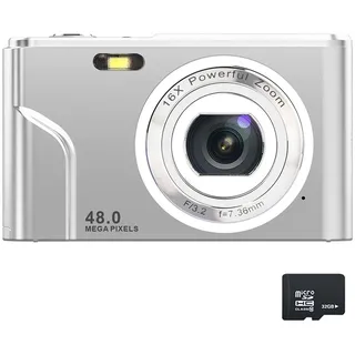 ZELURXX Tragbar Digitalkamera, 32GB Kompaktkamera, grifffreundlich, 48 MP, HD-Display, Zoomobjektiv, IPS-Bildschirm, Silber - Silber