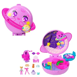 POLLY POCKET Puppen und Spielset, Planet Polly Weltraum-Schatulle, Reisespielzeug mit 1 Minipuppe, Hündchen und passendem Zubehör,