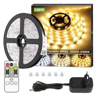 Lepro LED Strip 5M Set Dimmbar,Warmweiß bis Kaltweiß LED Streifen 12V Selbstklebend, Flexibel DIY LED Band, IP20 LED Leiste, 300 LEDs SMD 2835, LED Lichtband für Innen Küche Zimmer Deko