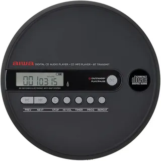 AIWA PCD-1000BT Tragbarer CD-Player zum Abspielen von CD/CD-R/RW/MP3-Discs, stoßfest, Bluetooth-Sender und mit wiederaufladbaren Batterien, Schwarz