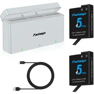 Fantasyo DJI Osmo Action 5/4/3 Akku 2100mAh (2-Pack) für DJI Osmo Action 5/4/3 Schwarz und 3-Kanal Schnellladegerät, voll kompatibel mit DJI Osmo Action 5/4/3 Akku und Ladegerät
