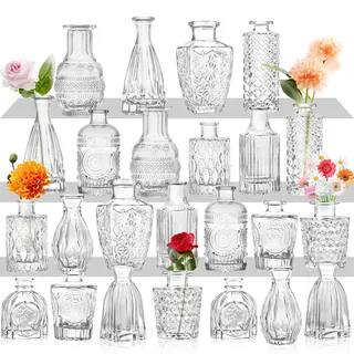 Kleine Glasvase Knospenvase Großpackung Set mit 24 Mini-Vintage-Blumenflaschen Zarte Glasblumenvase Verschiedene Größen für Blumenarrangements, dekorative Tischdekoration, Hochzeitsfeier zu Hause