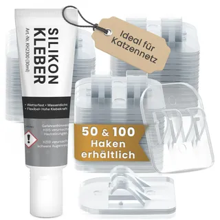 VAYPET® 50 Klebehaken transparent & Silikonkleber [30ml] zur Befestigung vom Katzennetz für Balkon ohne Bohren I Katzennetz ohne Bohren schnell befestigt Dank Stabiler Klebehaken Outdoor wetterfest