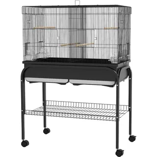 PawHut Großer Vogelkäfig, Papageienkäfig, Vogelvoliere für innen und außen, mit Ständer, Rollen für Kakadus Wellensittiche Kanarienvögel Papageien, Stahl, 85 x 49 x 119 cm, schwarz   Aosom