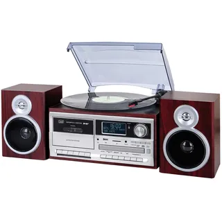 Trevi TT 1072 DAB 33, 45 und 78 RPM Vinyl-Plattenspieler, Kabelloser Vinyl-Player, CD- und MP3-Player, USB und SD, 25W, Digitalradio DAB/DAB+ FM, Kopfhörerbuchse, Bassreflex-Lautsprecher, Holz
