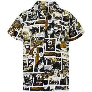 King Kameha Hawaiihemd Comic Funky Hawaii-Hemd Herren Kurzarm Front-Tasche Stylish Unisex braun L