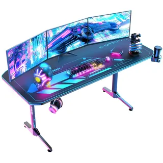 Himimi 160x75 cm Gaming Schreibtisch, Ergonomischer Großer Gaming Tisch, T-Form PC Gamer Computertisch mit Großer Pad, Becherhalter, Kopfhörerhaken, Kabelmanagement & Gaming Griffgestell, 160x75x75cm
