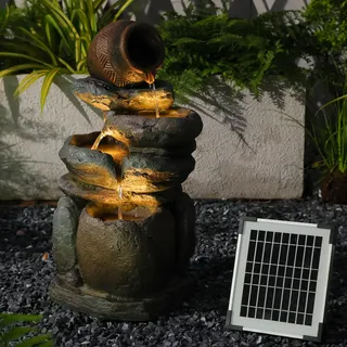 Solarbrunnen für Draussen,4 Stufen Stapelbare Krug Springbrunnen Solar Gartenbrunnen Wasserspiel Wasserfall Solarbetrieben außen mit LED Licht Deko Garten, 56x28x22.8 cm