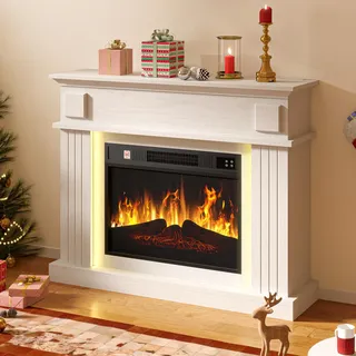 DWVO Elektrokamin, Elektrischer Kamin mit Heizung und Knistern Realistischer 3D-Flammeneffekt, 2000 W Standkamin mit LED Ambientebeleuchtung, Fernbedienung Programmierbar Timer Thermostat, Weiß