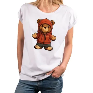 MAKAYA Print-Shirt Damen Kurzarm Teddybär coole lustige freche sexy Sommer Tops Teddy weiß XXL