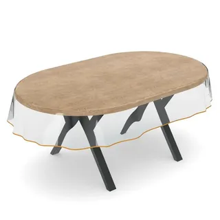 ANRO Tischdecke KLARA abwaschbar Tischfolie transparent Gartentischdecke 0,5mm (Einzelstück 1-tlg), wasserabweisend Durchsichtig Transparent Gelb Oval 200x140cm gelb|weiß Oval | 140 cm x 200 cm x 0.5 mm