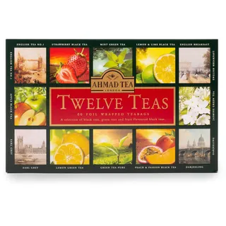 Ahmad Tea - Twelve Teas - Sortiment aus 12 Sorten Schwarztee und Grüntee mit verschiedenen Geschmackssorten - 60 Einzeln Verpackte, Aromaversiegelte Teebeutel mit Band, 120g Tee