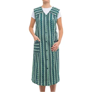 Tobeni Damen Kittelschürze Knopf-Kittel lang in 100% Baumwolle ohne Arm mit Taschen Farbe Design 38 Grösse 54