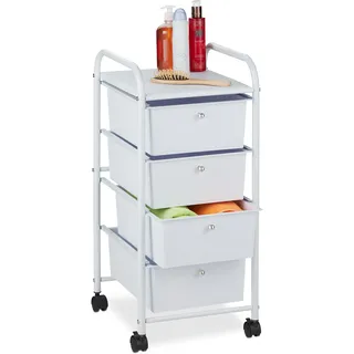 Relaxdays Badrollwagen, 4 Schubladen, Metall & Kunststoff, Rollcontainer Bad, Kosmetik, HBT: 74 x 33 x 39 cm, weiß
