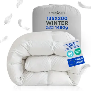 Sleep2Care Winterdecke 135x200 | Premium Winter Bettdecke 100% Daunen & Federn | Öko-Tex Zertifizierte Daunendecke für Außergewöhnliche | Wärme Steppdecke 1480g Füllgewicht | 550gsm Füllung