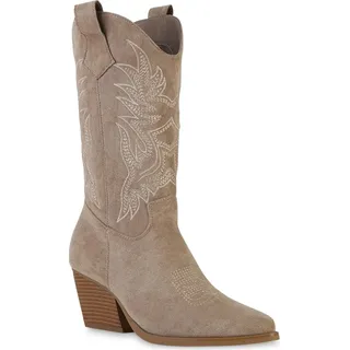 VAN HILL Damen Cowboystiefel Stiefel Stickereien Schuhe 840142, Farbe: Khaki Velours, Größe: 36 - Braun - 36