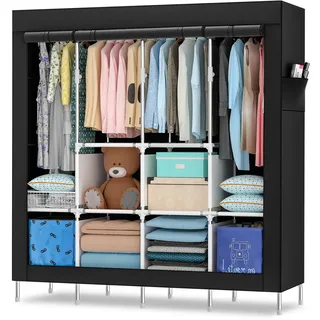 Mihoho Tragbarer Kleiderschrank, 170 cm Schrank zum Aufhängen von Kleidung, Kleiderständer aus Metall, freistehender Kleiderschrank mit Oxford-Stoffbezug,165 cm x 170 cm x 45 cm (schwarz S, Größe)