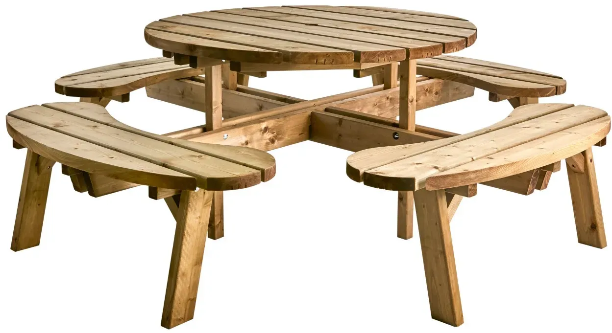Picknicktisch Hasslebro aus Kiefernholz, skandinavischer Stil, rund, natur, für 4–8 Personen, mit Schirmloch