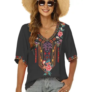 drakloak Damen Stickerei Bluse Bohemian Herbst Tunika Stickerei Folklore Tops V-Ausschnitt Shirt Sommer Tunika Blusen Boho Hippie Kurzarm Lose Oberteil(443 BK 2XL) - XXL