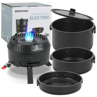 enfrifam Topf-Set Campingkocher Gaskocher Outdoor Kochgeschirr, Tragbar Reisekocher & Aluminium.Kombiniere 700W Elektrische und 2200W Gas, 1 flammig, für 2-4 Personen , für Picknick Backpacking Camping Wandern