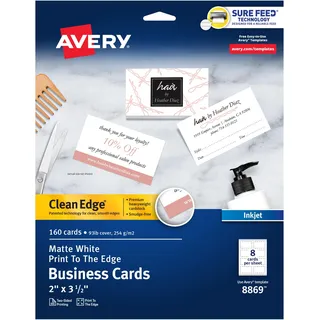 Avery Clean Edge bedruckbare Visitenkarten mit Sure Feed Technologie, 5,1 x 8,9 cm, weiß, 160 Blanko-Karten für Tintenstrahldrucker (8869)