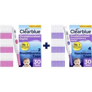 Clearblue Kinderwunsch Ovulationstest Kit, 60 (30 Digital + 30 Fortschrittlich) Ovulationstests zur Identifikation von 2 bis 4+ fruchtbaren Tagen), 2 Digitale Testhalter, Fruchtbarkeitstest für Frauen