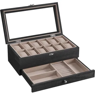 Songmics Uhrenbox mit 12 Fächern, Uhrenkasten aus Massivholz, mit Glasdeckel, Uhrenkissen, Schmuckaufbewahrung, Geschenk für Ihre Liebsten, ebenholzschwarz JOW012B01