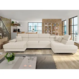 MIRJAN24 Wohnlandschaft Cotere Bis Cord, mit Bettkasten und Schlaffunktion, Einstellbare Kopfstützen, U-Form mit drei Kissen beige