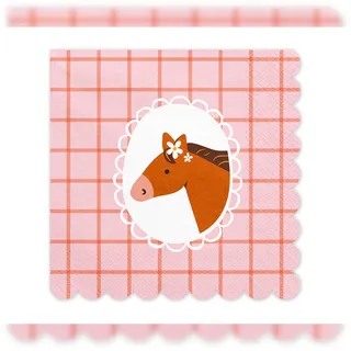 Partydeco Servietten Papier 33x33cm 3-lagig hochwertige Einweg Papierservietten Kariert Tischservietten Motivservietten Kindergeburtstag Pferd Motiv Rosa