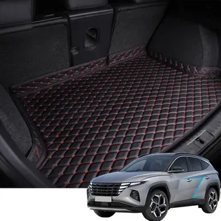 YMYQF Kofferraummatte Kofferraumwanne für Hyundai Tucson Plug-in Hybrid/NX4 PHEV 2021 2022 2023 2024 2025, rutschfest Kratzfestem Leder Kofferraummatten Kofferraumschutz Autozubehör,Black+Red