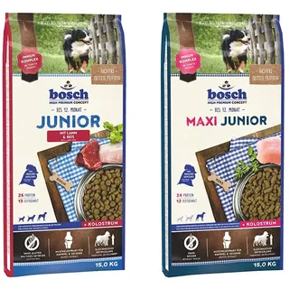 bosch HPC Junior mit Lamm & Reis | Hundetrockenfutter zur Aufzucht ernährungssensibler Welpen | 1 x 15 kg & HPC Maxi Junior | Hundetrockenfutter zur Aufzucht großer Rassen (ab 25 kg) | 1 x 15 kg