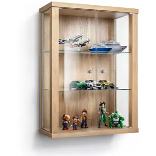 K-Möbel Hängevitrine Glas (80x60x25cm) - Made in Germany - Glasvitrine hängend mit 2 höhenverstellbaren Glasböden aus ESG in Buche - Schrank mit Glastüren - Wandvitrine - Display Cabinet