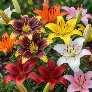 Lilien Zwiebeln Winterhart Mehrjährig - Asiatische Lilien Frühlingstraum Kollektion - 15 Zwiebeln - 5 Sorten/Farben, Blumenzwiebeln Mischung aus Holland für Garten (große Knollen, kein Samen)