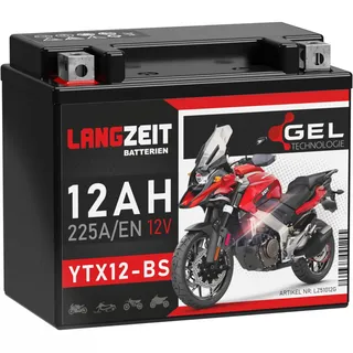 LANGZEIT YTX12-BS Motorradbatterie 12V 12Ah 225A/EN Gel Batterie 12V doppelte Lebensdauer entspricht CTX12-BS 51012 GTX12-BS Quad vorgeladen auslaufsicher wartungsfrei