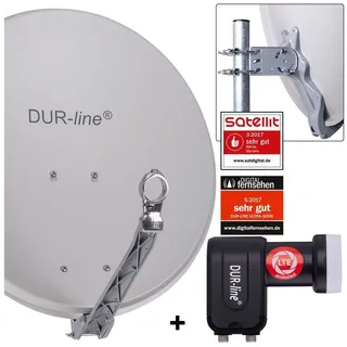 Dur-Line 2 Teilnehmer Set - Qualitäts-Alu-Satelliten-Komplettanlage - Select 60cm/65cm Spiegel/Schüssel Hellgrau + Twin LNB - für 2 Receiver/TV [Neuste Technik, DVB-S2, 4K, 3D]