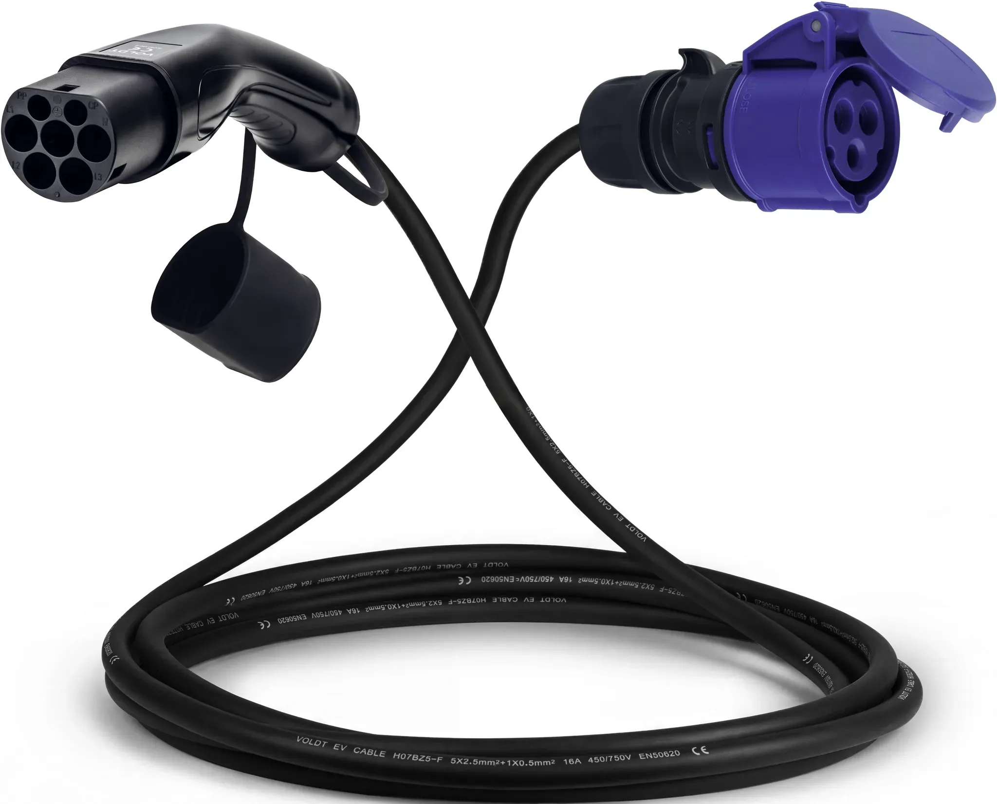 Voldt® Adapterkabel Typ 2 (Ladestationsseite) auf 16A 3-polige blaue CEE-Buchse | 4 Meter