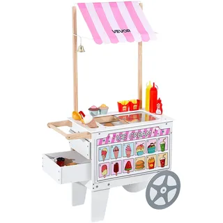 Vevor Eiswagen für Kinder, 20+ Zubehörteile, Eisdielen-Spielzeugküche mit Eistüte, Markise & Gefrierschrank, Aufbewahrungsschubladen & umblätterbaren Speisekarten, für Kinder von 3–7 Jahren