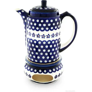 Bunzlauer Keramik Teekanne 1,25L Kaffeekanne mit Stövchen –geradlinig,zylindrische Form,Dekor166a, 1,25 l blau