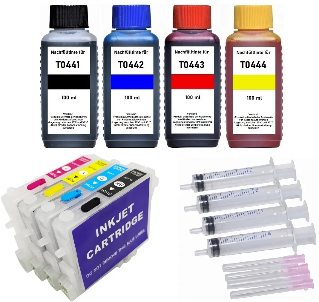 Wiederbefüllbare Tintenpatronen wie Epson T0441-T0444 + 400 ml Nachfülltinte