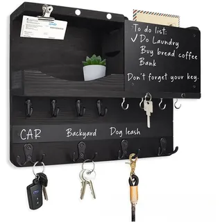 Niciksty Briefhalter Schlüsselbrett, Schlüsselbretter Wandhalterung mit Ablage, Schlüsselbrett Holz mit 12 Schlüsselhaken Schlüsselhaken für Verbindungsgang Flur, Schwarz