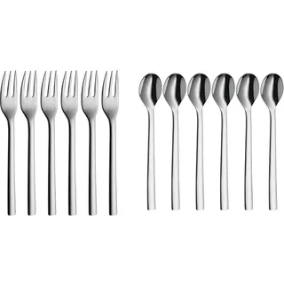 WMF Nuova Kuchengabel, Set 6-teilig, L 16 cm & Nuova Latte Macchiato Löffel Set 6-teilig, Lange Löffel 19 cm, Joghurtlöffel