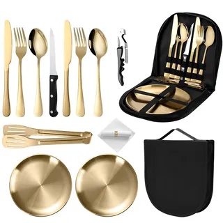 TFSZE Camping Geschirr set 2 personen13-teilig, Tragbar Verdickt Edelstahl Outdoor-Geschirr für Camping,Picknick(Gold)