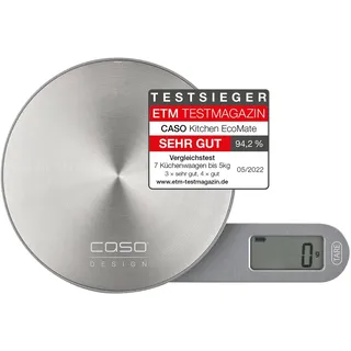 CASO Kitchen EcoMate - Design Küchenwaage, batterielose Nutzung durch kinetische Energie, Testsieger ETM Testmagazin, bis 5 kg, Wiegefläche aus Edelstahl