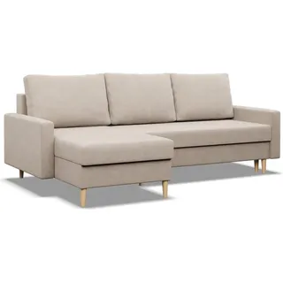 mebligo Ecksofa mit Schlaffunktion, Sofa BLANK mit Bettkasten, Wendekissen, Beige, Links, Schlaffläche 140x200cm - Beige