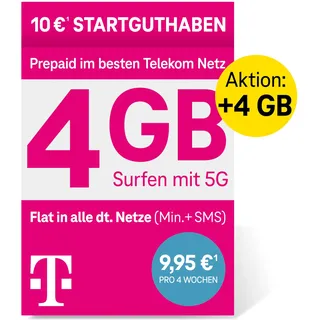 Telekom MagentaMobil Prepaid M SIM-Karte ohne Vertragsbindung, 5G inkl. I 13 GB & Allnet Flat (Min, SMS) in alle dt. Netze + EU-Roaming I Surfen mit 5G/ LTE Max & Hotspot Flat I 10 EUR Startguthaben