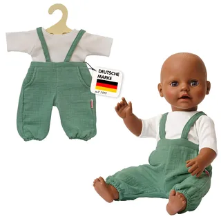Heless 1416 - Bio-Baumwolle, 2-teiliges Set mit Latzhose in Salbeigrün und weißem T-Shirt für Puppen und Kuscheltiere der Größe 28-35 cm