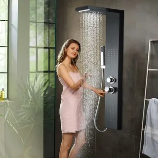 Duschpaneel 304 Edelstahl Regendusche mit Wandhalterung Duschkopf Handbrause 4 in 1 Multifunktion mit Thermostat