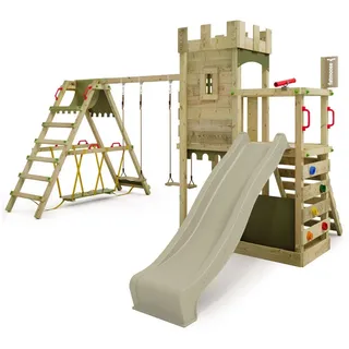 FATMOOSE Spielturm Ritterburg BoldBaron mit Schaukel SurfSwing, 10-jährige Garantie, Integrierter Sandkasten – Salbeigrün & FATMOOSE